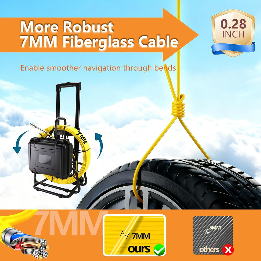 sewer camera with locator,self leveling,165ft/50m,retractable handle,7mm cable,9'' ips, side view