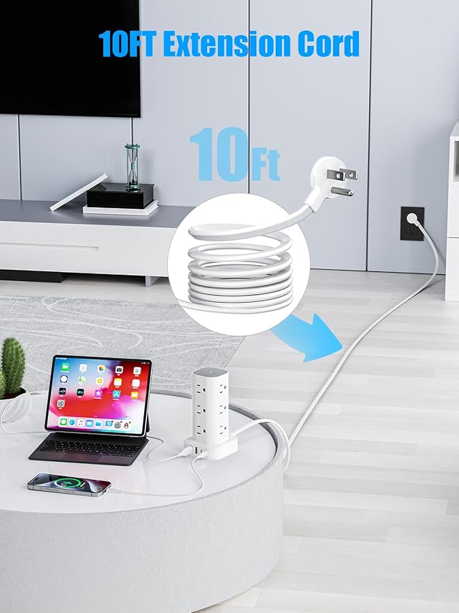 Tower Power Strip with 15W Wireless Charger, 10FT Flat Plug Extension Cord with