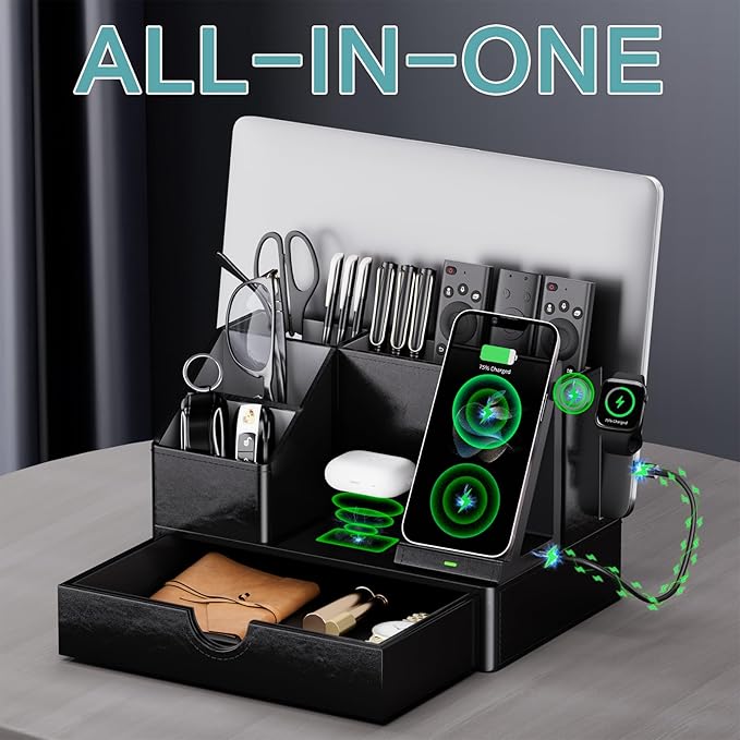 Black PU Leather Multi-Device Charging Station