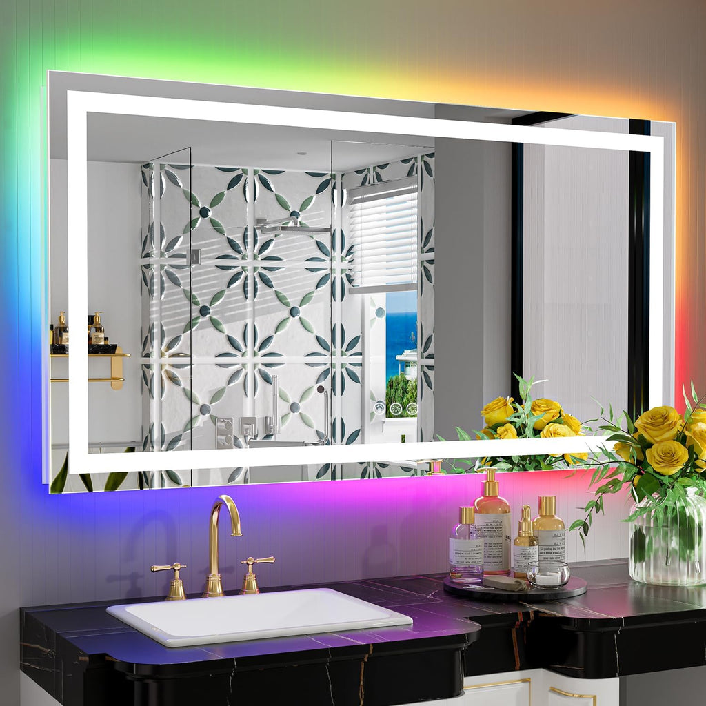 YEELAIT 55x30 Inch RGB LED Bathroom Mirror Front Light and RGB Backlit Lighted