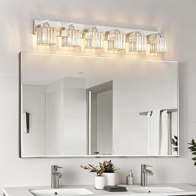 FDPBY Modern Vanity Light 6-Lights Brushed Nickel Vanity Light Crystal Bathroom