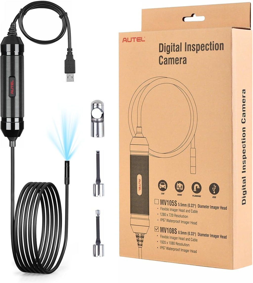 Autel MaxiVideo MV108S USB Endoscope, Waterproof 8.5mm Imager Inspection Camera with Light, 1920x1080 HD 2MP Borescope for Autel Scanner & PC, Upgrade of MV108 MV105, Snake Camera with 1M Cable