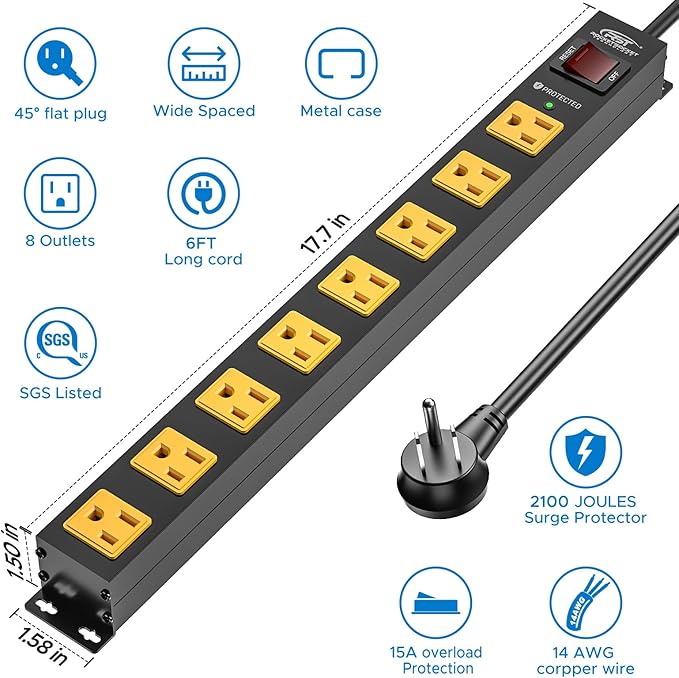 CRST 2 Pack 8 Outlet Metal Heavy Duty Power Strip