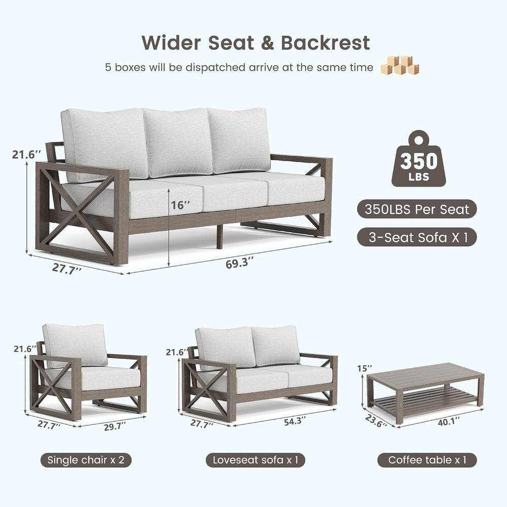 UDPATIO Aluminum Outdoor Patio Furniture Set Faux Wood Grain 5 Pcs Beige