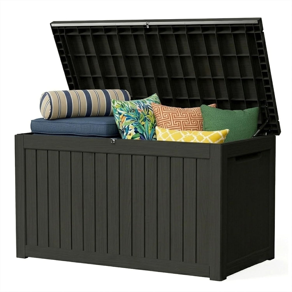 300 Gallon Outdoor Storage Box Resin Deck Box All Weather Waterproof Large Lockable Storage Container Deck Box for Patio Furniture, Garden Tools, Lockable, Black New