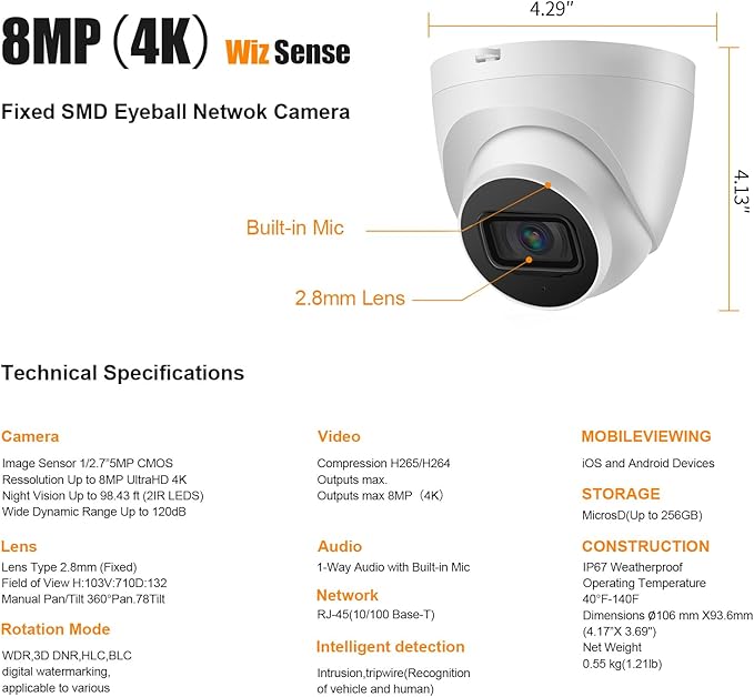 OHBET DahuaSecurity 4K 8MP PoE IP Dome Camera – Outdoor AI Security Turret