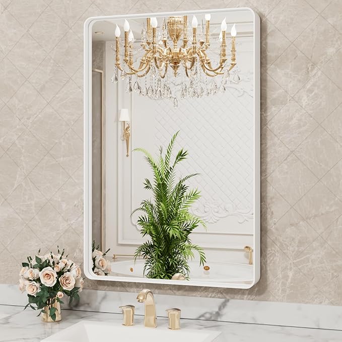 LOAAO 28x36 Inch White Metal Framed Bathroom Mirror