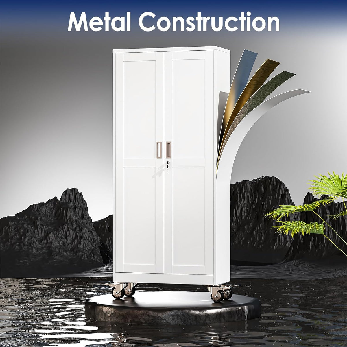 erosoei 75" h metal garage storage cabinet, rolling, close-up detail
