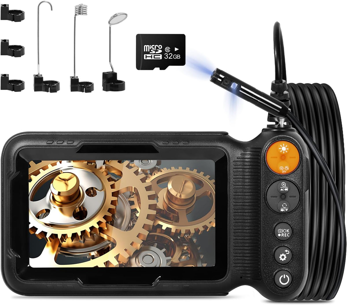 Dual-Lens Industrial Borescope Camera with 5 inch IPS Screen, 32GB Memory Card, Photo/Video Recording Enabled, 16.5FT/5M Semi-Rigid Cable with 8+1 Adjustable LEDs, IP67 Waterproof