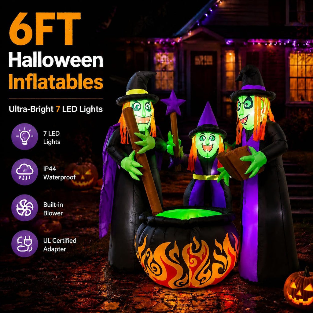 6 FT Halloween Inflatables 3 Witches Around Cauldron Outdoor Decorations, Scary Blow Ups with Build-in LED Lights, Yard Garden Decoration for Halloween Party Indoor Outdoor