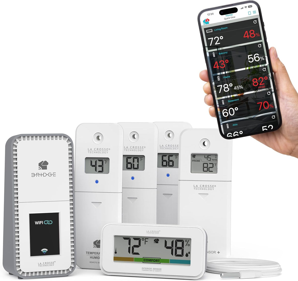 Temp Tracker Pro Wi-Fi Alert System: Bridge Gateway, 3 in/Out Temp. and Humidity