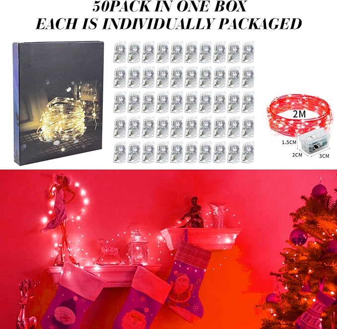 ZGWJ 50 Pack Fairy Lights Battery Operated, 7ft 20 Mini LED Fairy String Lights Silver Wire 3 Modes for DIY, Parties, Wedding, Bedroom, Halloween Christmas Decoration Red