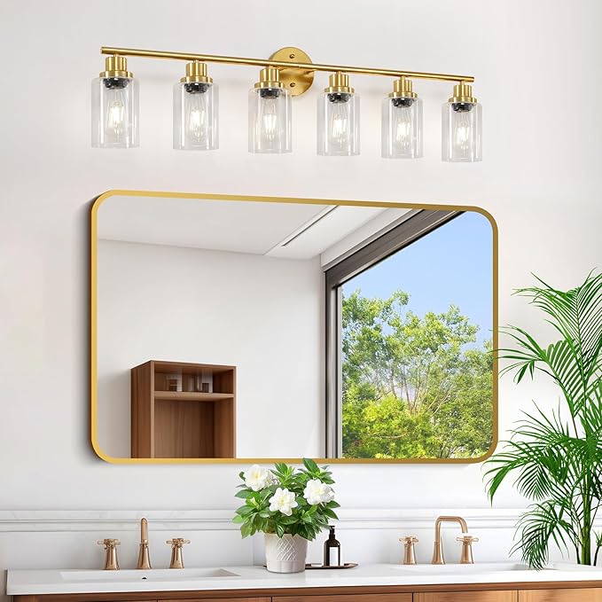 Guliaofo 6-Light E26 Gold Bathroom Vanity Lights, Modern Bathroom Light Fixtures