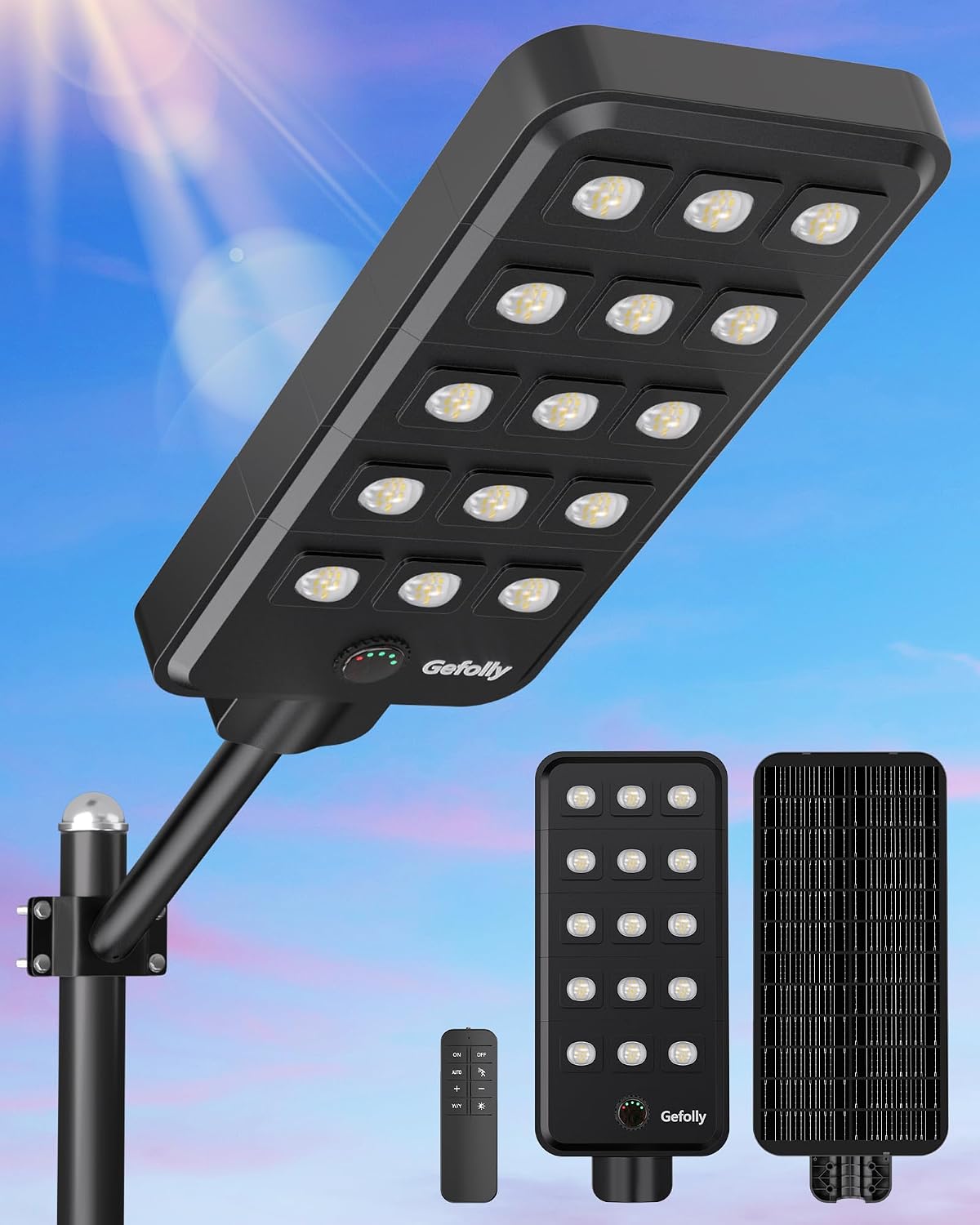 Gefolly G-15000W Solar Street Light Outdoor, Wide Angle Commercial Parking Lot