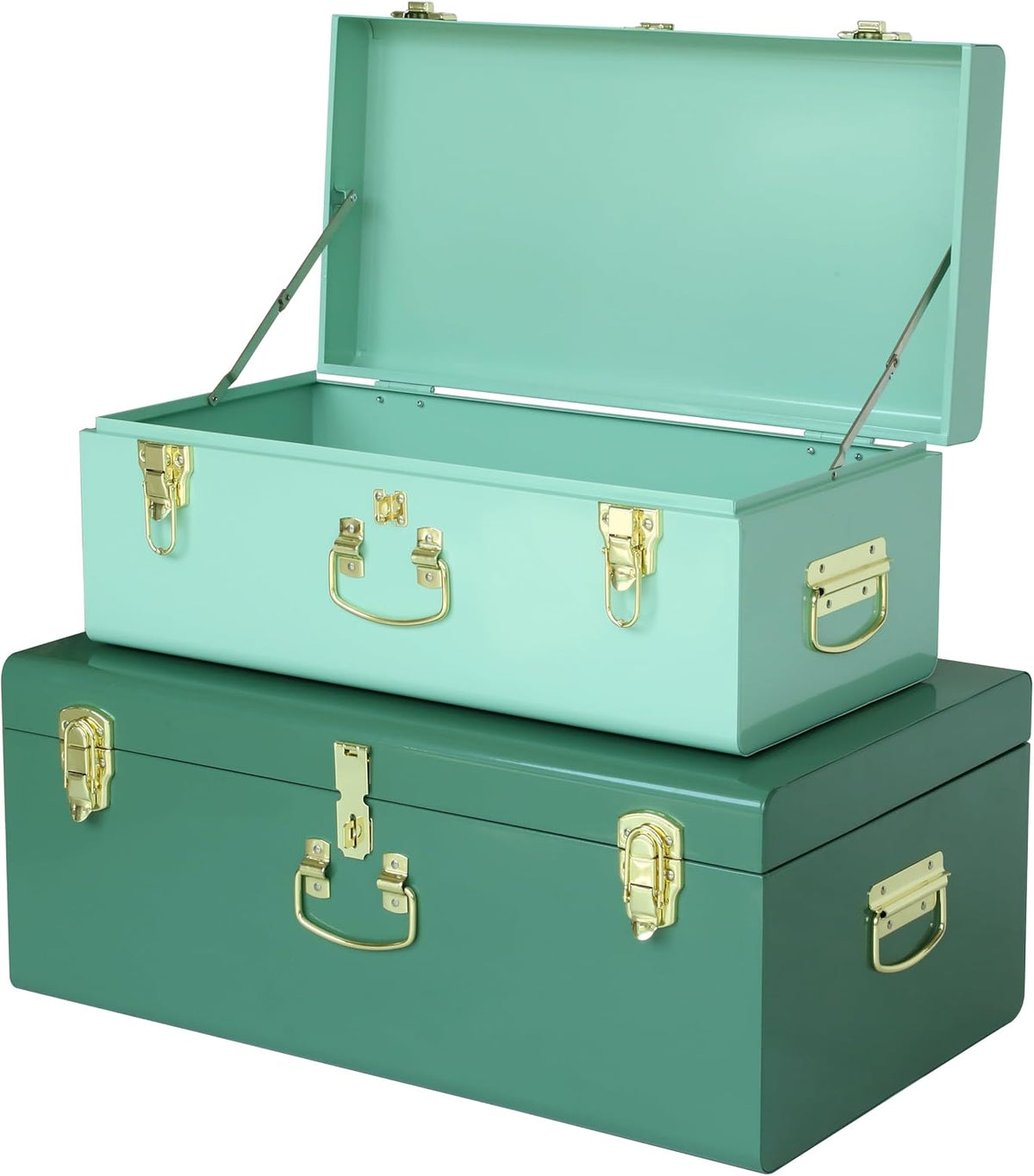 Vixdonos Decorative Large Metal Box Storage Trunk Chest Set of 2 College Dorm Organizer with Hardware Hasps and Handle for Home Deocr,23.7X14.2X9.5 Inches