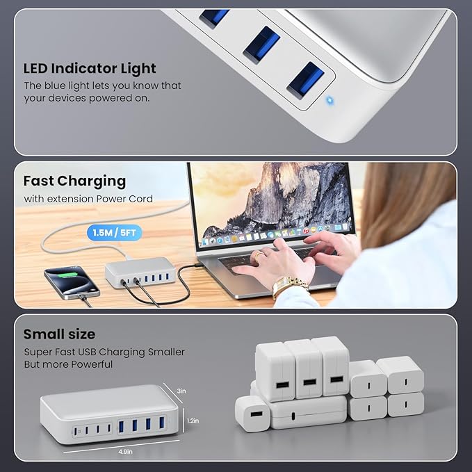 USB C Charger 200W USB C Charger Block, Upgraded GaN III 8-Port Fast Charging