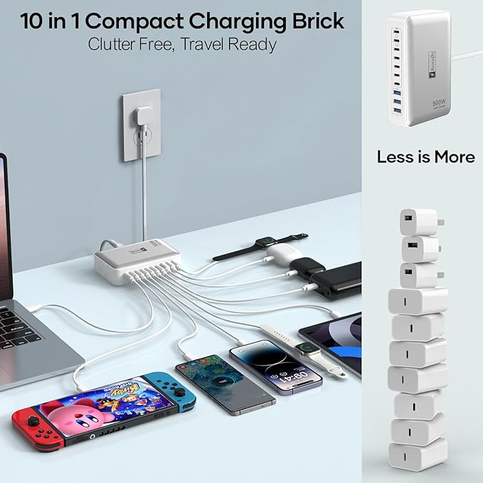 Charging Station for Multiple Devices 500W, 10 Ports Charging Blocks for
