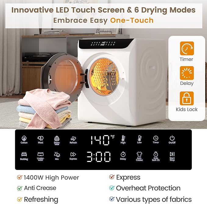 VCJ 2.8 cu.ft Portable Dryer, 1400W Electric Clothes Dryer