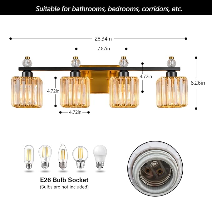 FDPBY Vanity Lights 4-Light Modern Crystal Vanity Light Black Gold Bathroom