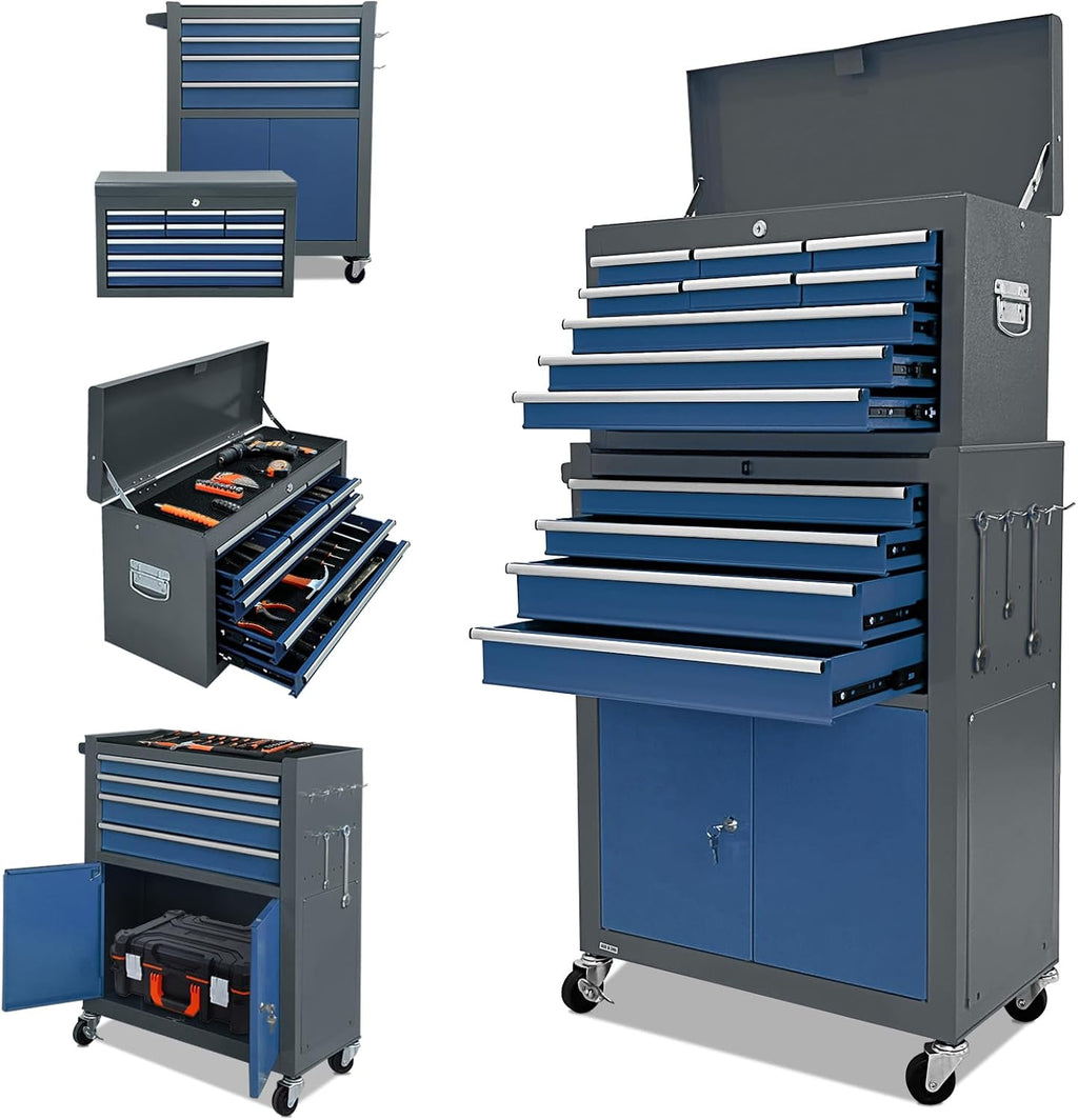 13-Drawer Tool Chest with Double Door and Wheels, 2 in 1 Detachable Rolling Toolbox with Drawers,Large Tool Box with Lock,Mobile Steel Tool Cabinet Storage (Blue＆Grey)