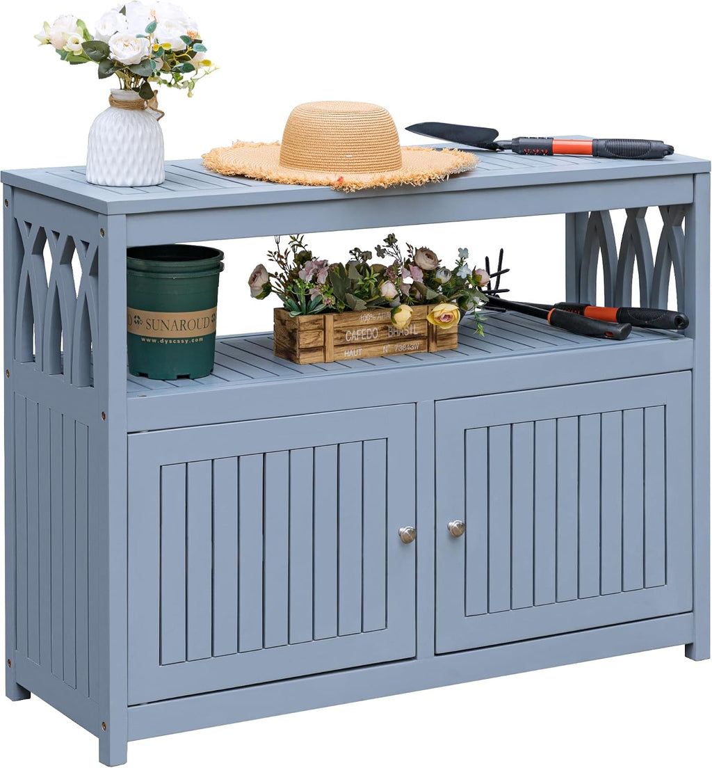 devoko acacia wood patio cabinet with 2 magnetic shown in use