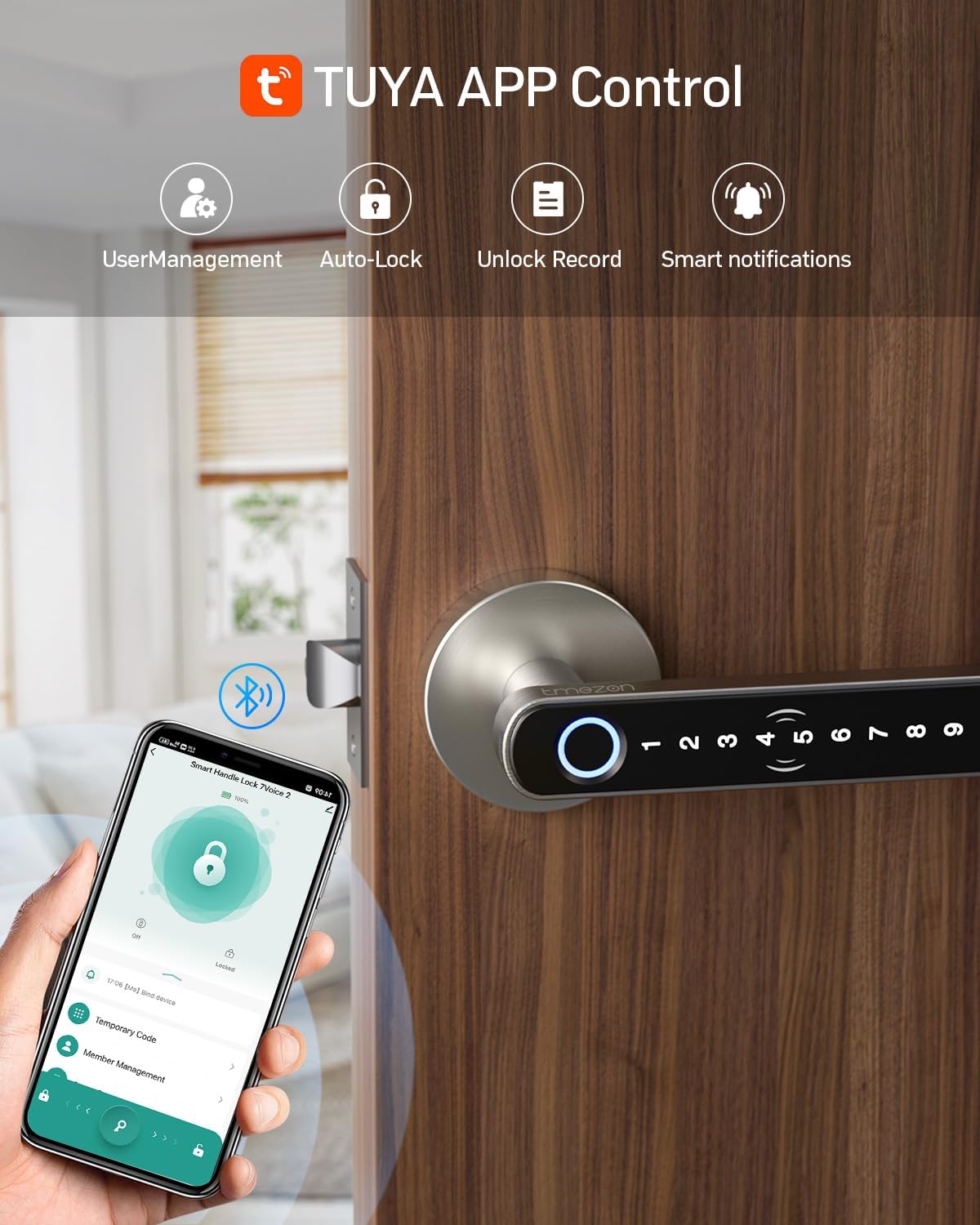 TMEZON Smart Door Lock Fingerprint, Keyless Entry Door Lock with Handle APP/IC Cards/Codes/Keys/Fingerprints Biometric Electronic Smart Lock for Bedroom Home Hotel Office
