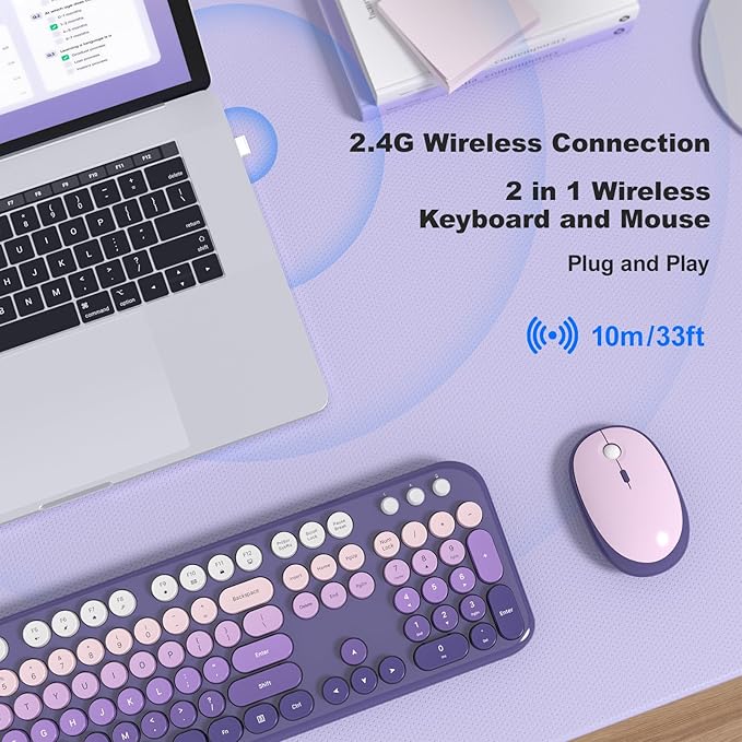 MOFII Wireless Keyboard and Mouse Combo, Full Size 2.4G Retro Round Computer