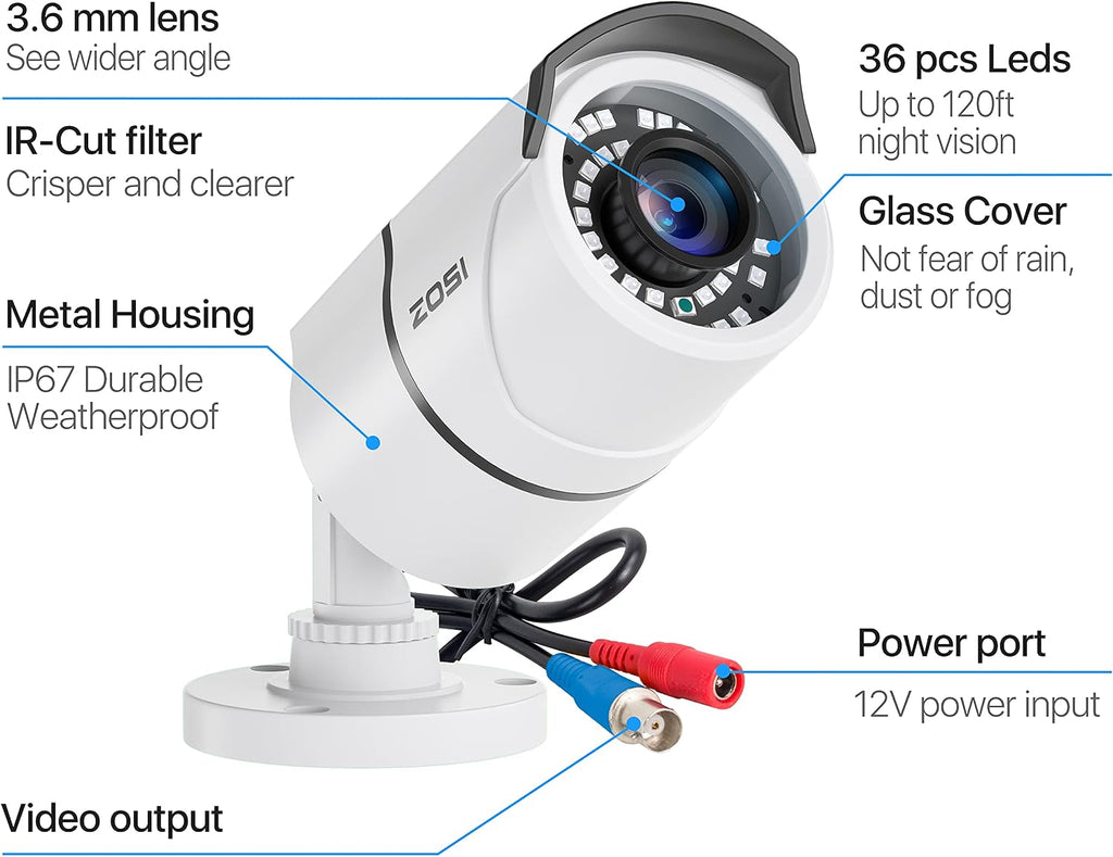 zosi 4 pack 2mp 1080p hd-tvi security camera, close-up detail