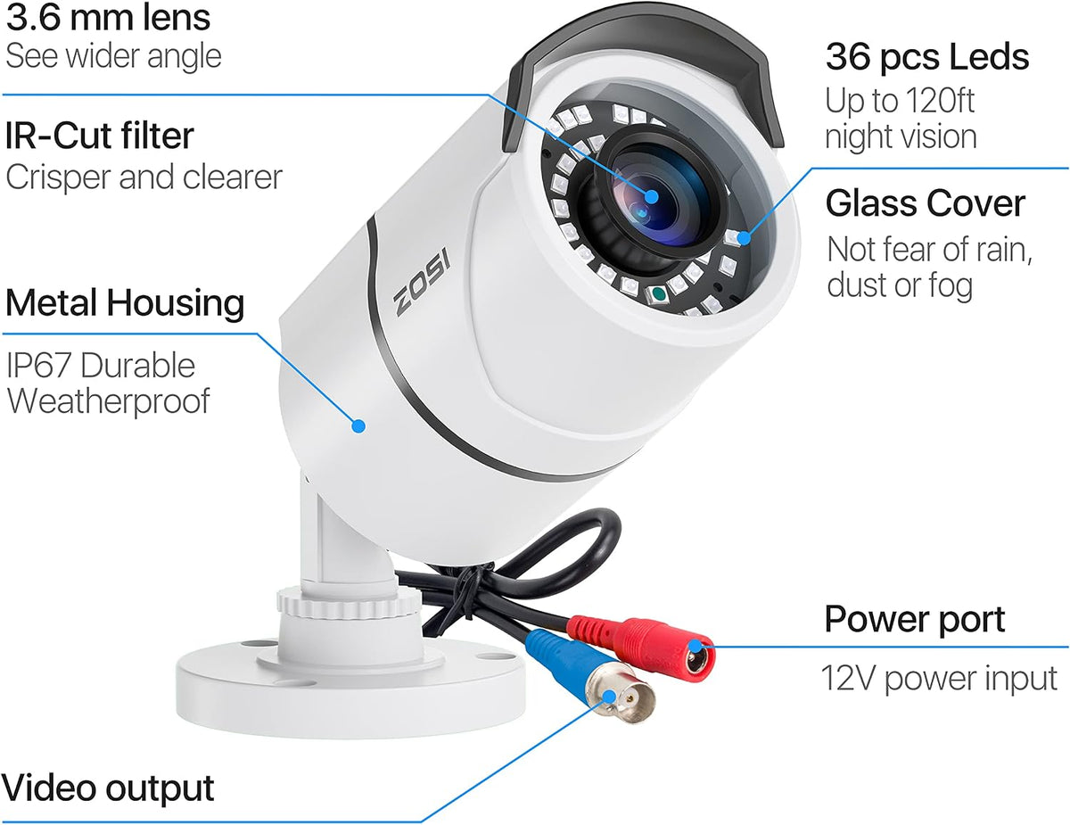 zosi 4 pack 2mp 1080p hd-tvi security camera, close-up detail