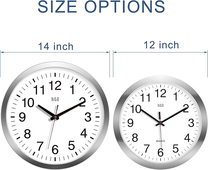 HITO 14" Silent Wall Clock Battery Operated Non Ticking Sweep Movement Glass