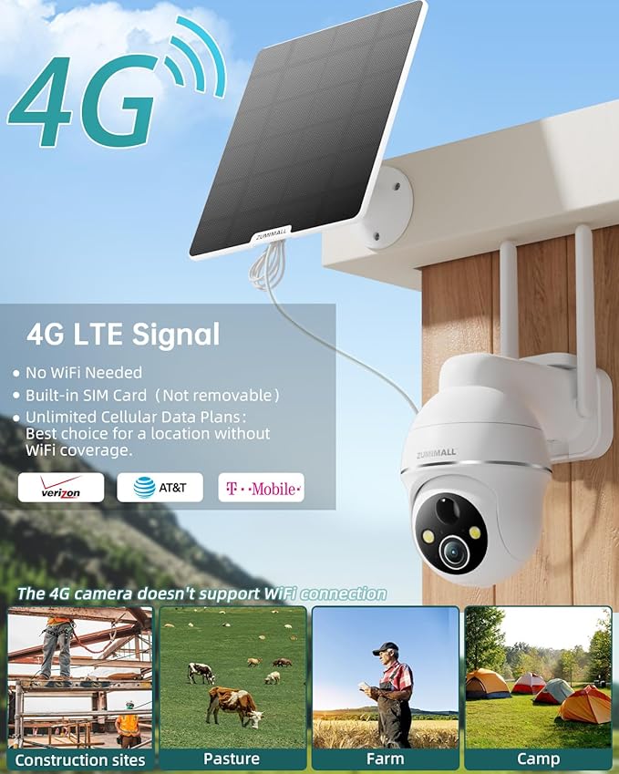 ZUMIMALL 4G LTE Cellular Security Camera, No WiFi Outdoor Camera Wireless