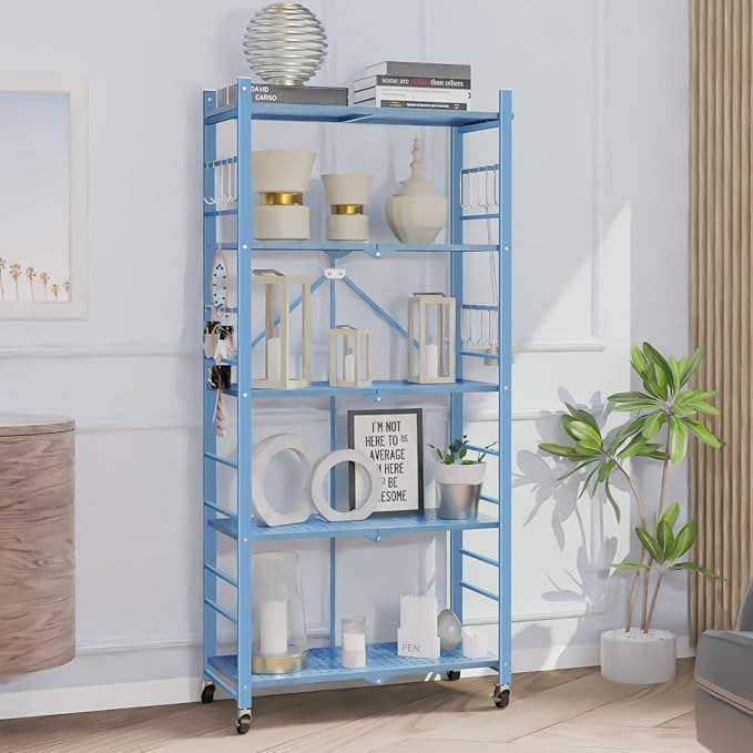 Storage Shelves with 20 Hooks, 5-Tier Foldable Shelf