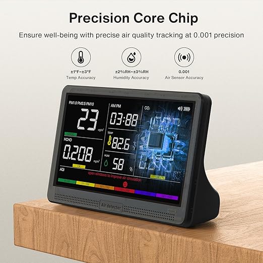 16 in 1 Air Quality Monitor Indoor 7" Display 9 AQI+7 AQI Alerts, CO2 Monitor