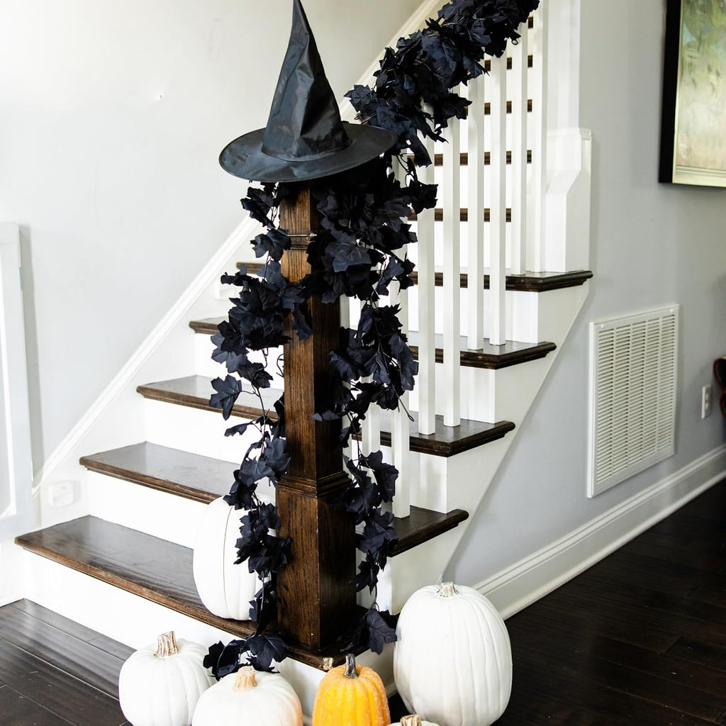 CQURE Black Maple Leaf Garland, 12PCS Halloween Garland Maple Leaves Fall Leaves Hanging Vines Halloween Thanksgiving Decor for Home Table Front Porch
