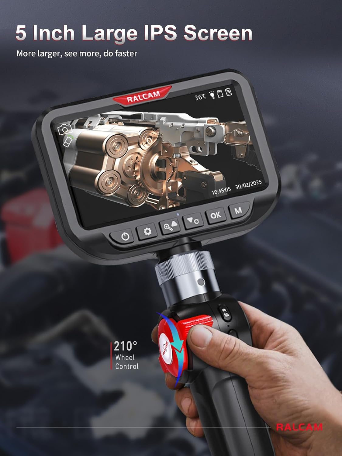 ralcam dual lens articulating borescope camera with light shown in use