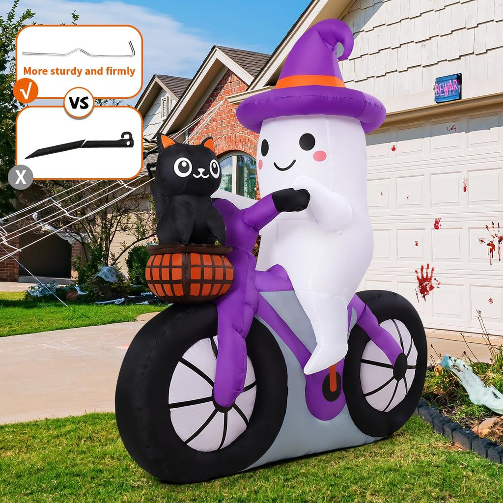 COMIN 5FT Halloween Inflatables Ghost Bike Black Cat Yard Decor with LEDs