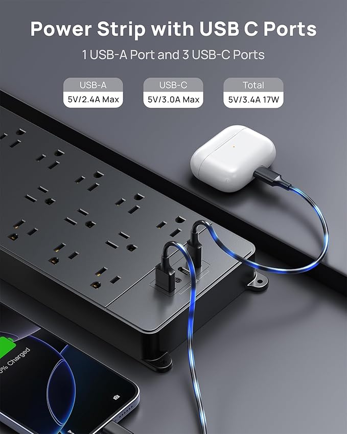 TROND 360° Rotating Flat Plug, Surge Protector Power Strip, 13AC Widely Spaced