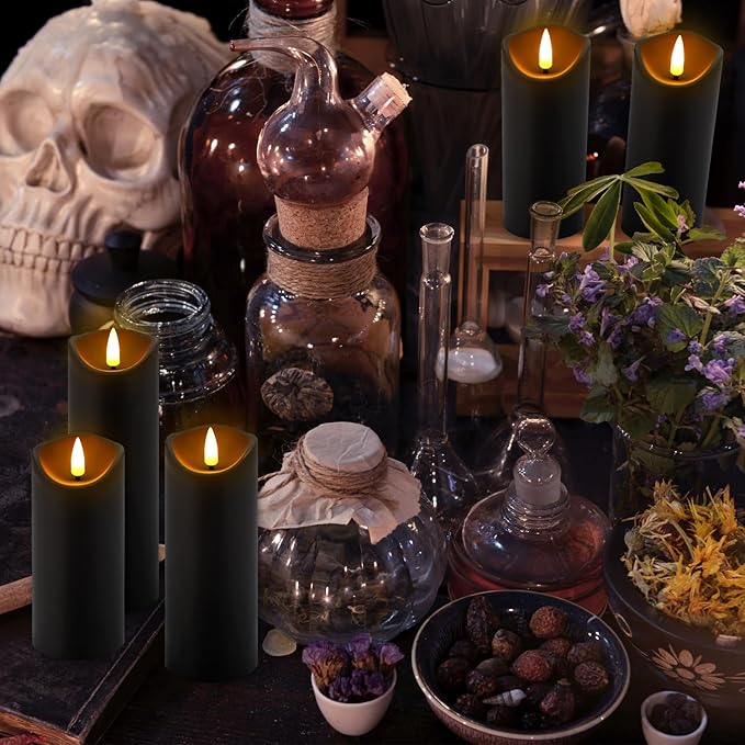 24-Pack Black Flameless LED Candles with Remote & Timer (3 Sizes) - Battery Operated Halloween Pillar Candles for Spooky Decor, Haunted House, Gothic Wedding, Holiday Centerpieces
