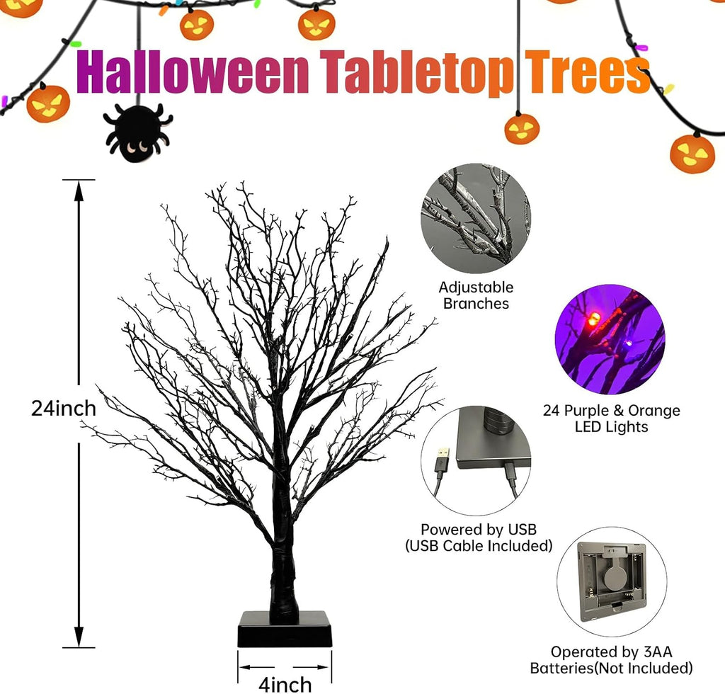 Halloween Decor Indoor, 2 Pack 24 Inch Black Halloween Tree Set, 48 Orange & Purple LED Lights, USB & Battery Powered Tabletop Spooky Twig Trees with 6H Timer, Creepy Halloween Decorations for Mantels