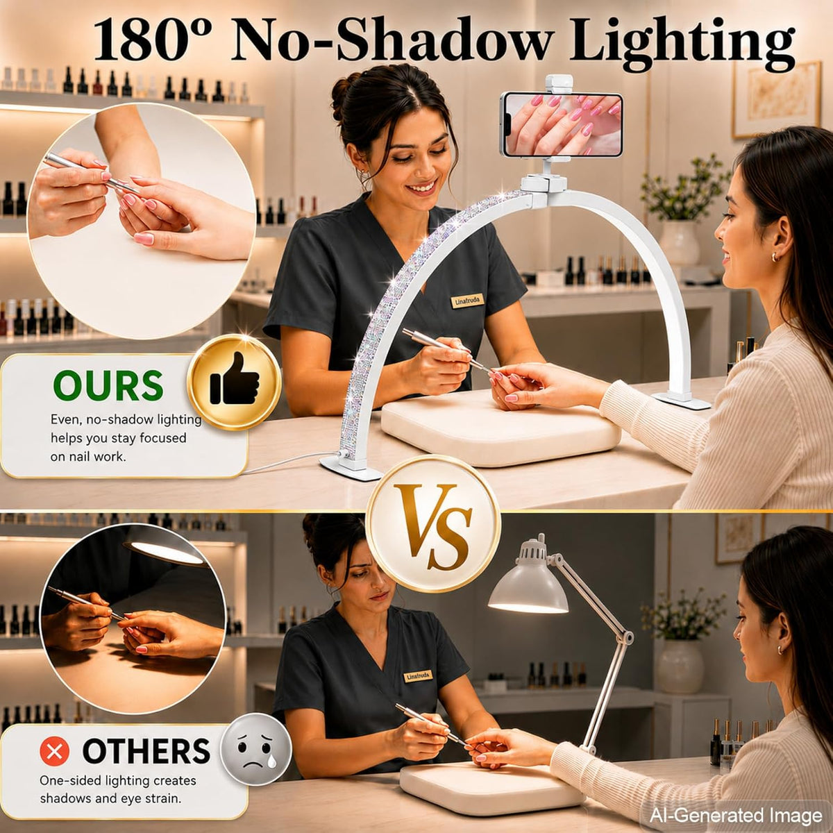 Half Moon Light for Nail Desk: 180° No-Shadow Manicure Table Lighting | 29'' with 3 Color Modes 10 Brightness Levels Keeps Nail Salon Work Area Lit for Manicurists - Phone Holder (Diamond)