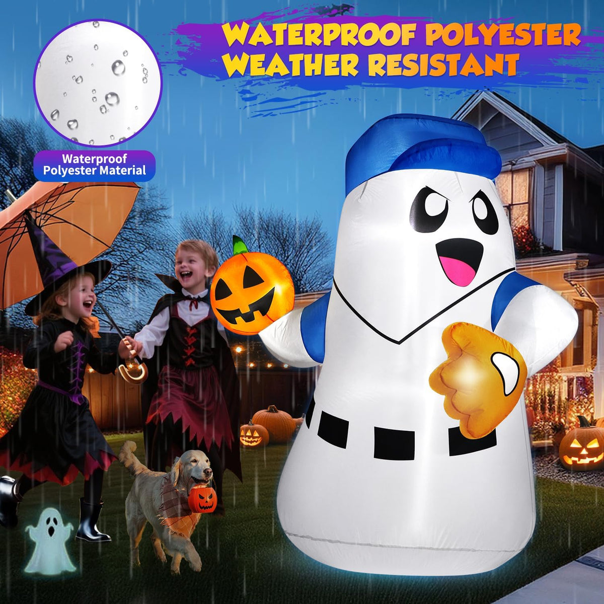 5FT Halloween Inflatables Ghost Pitcher with Pumpkin Baseball, Halloween Decoration Outdoor Blow Up Yard Decoration Built-in Bright LED Lights for Indoor & Outdoor Festival Yard Party