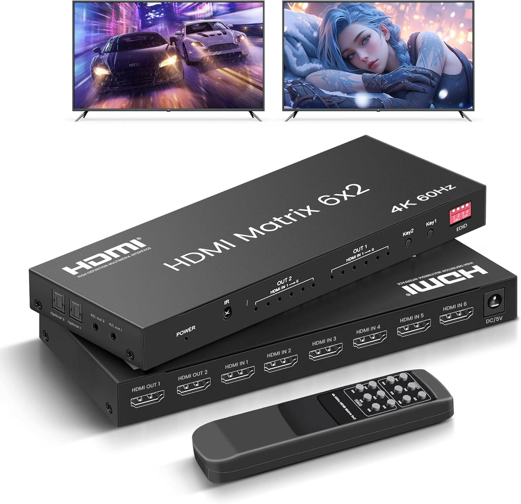 HDMI Matrix Switch 6 in 2 Out, 4K@60Hz HDMI Switch