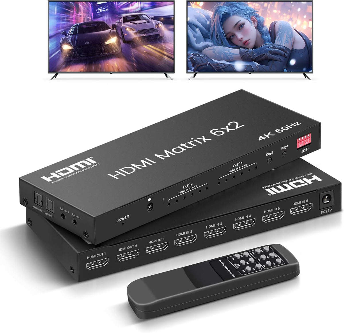 HDMI Matrix Switch 6 in 2 Out, 4K@60Hz HDMI Switch