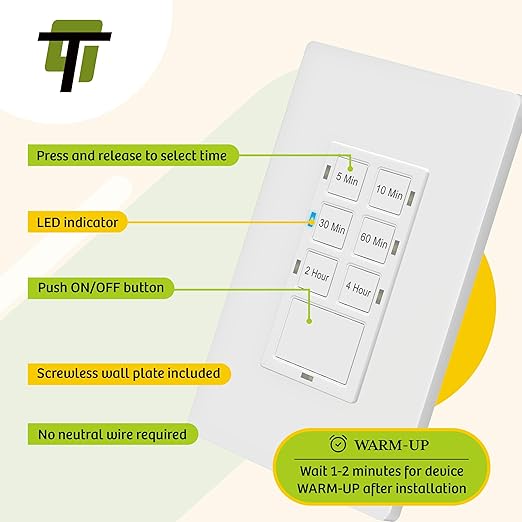 TG 4 Hour Countdown Timer Switch, 5-10-30-60 Min, 2-4 Hour, in Wall Timer Switch (2 Pack)