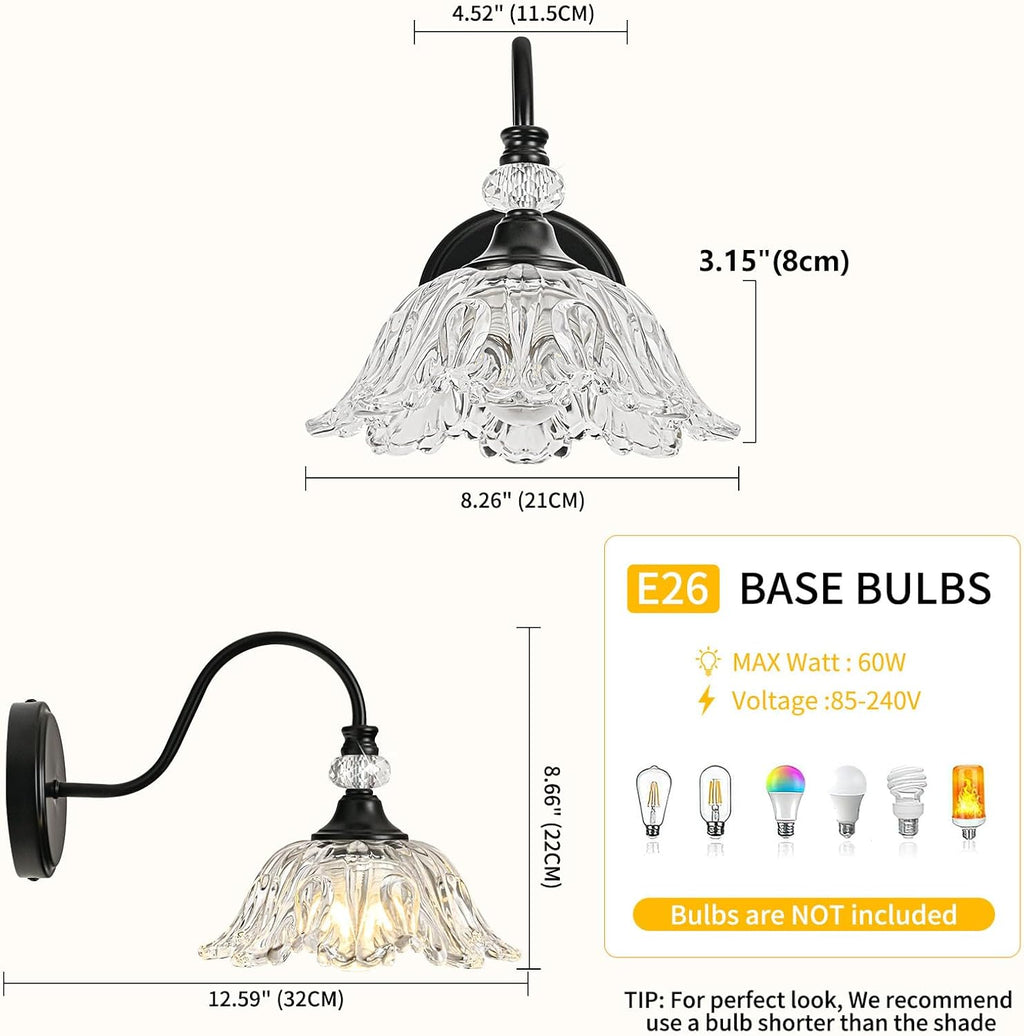 1 Piece Black Wall Sconce with Floral Clear Glass Shade, Black Farmhouse Wall Mount Lighting for Bathroom,Vintage Bathroom Vanity Light Fixture