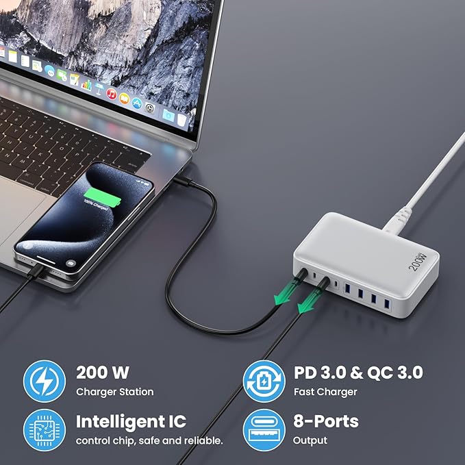 USB C Charger 200W USB C Charger Block, Upgraded GaN III 8-Port Fast Charging