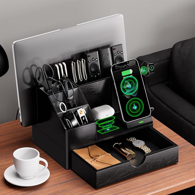 Black PU Leather Multi-Device Charging Station