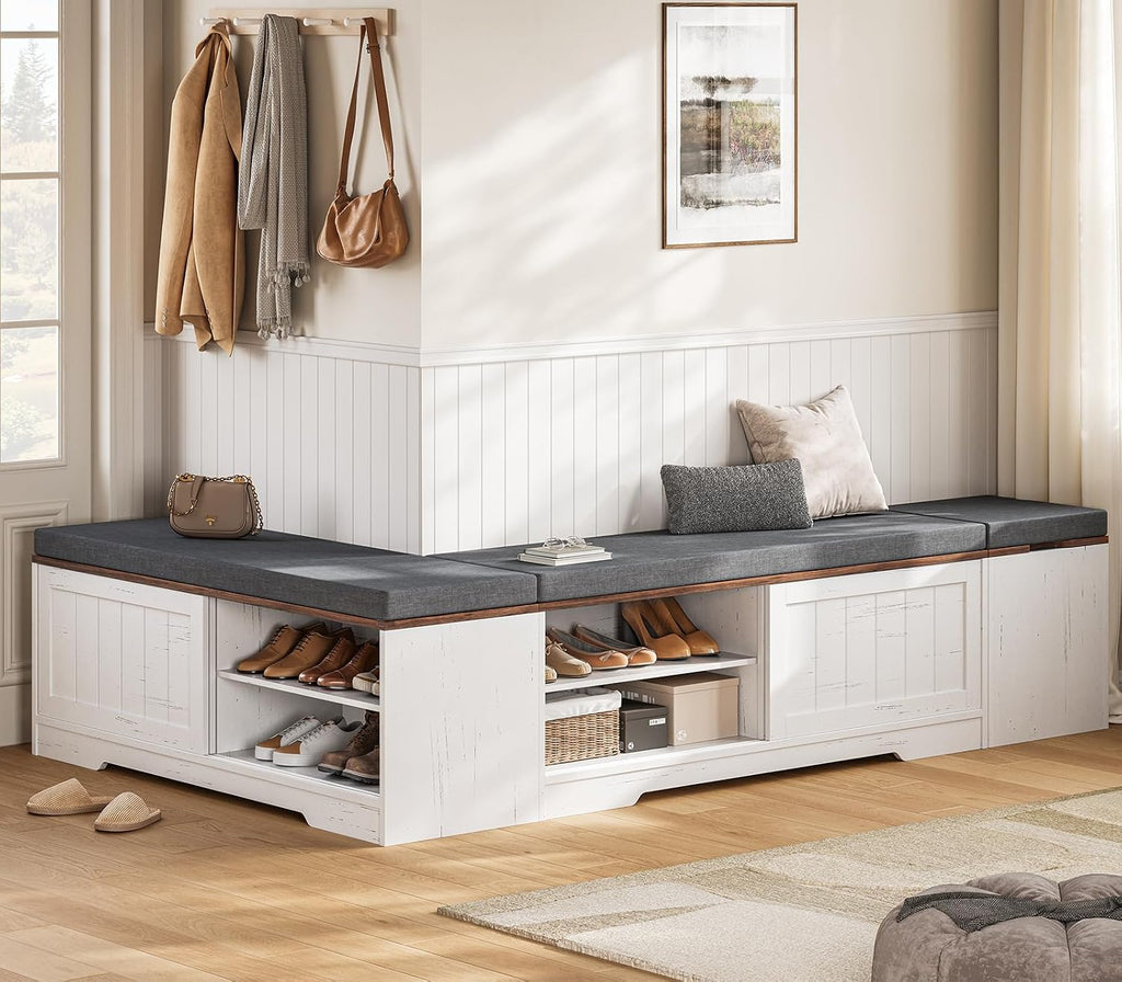 UPOSOJA Farmhouse L Shaped Breakfast Nook Bench, White-Brown