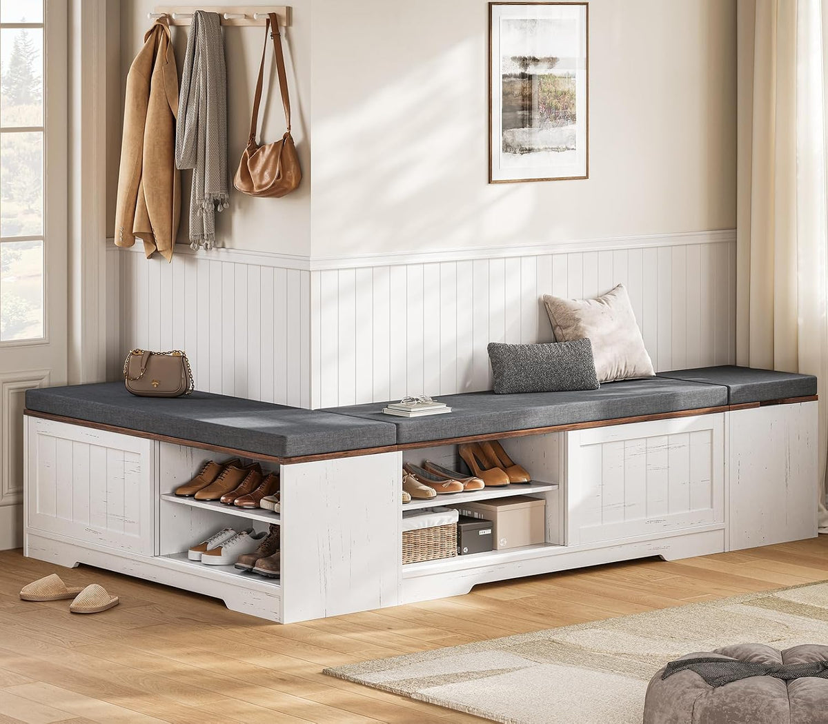 UPOSOJA Farmhouse L Shaped Breakfast Nook Bench, White-Brown