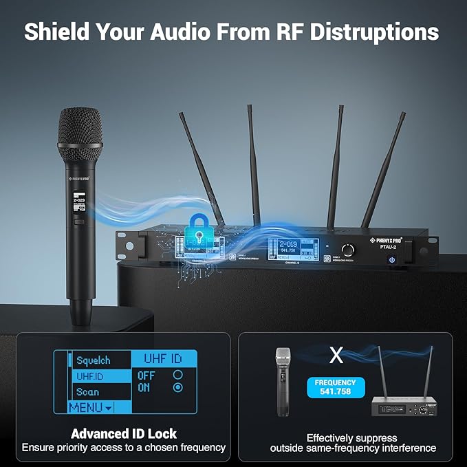 Phenyx Pro Dual-Channel Wireless Microphone System, Dynamic Mics w/ID Lock